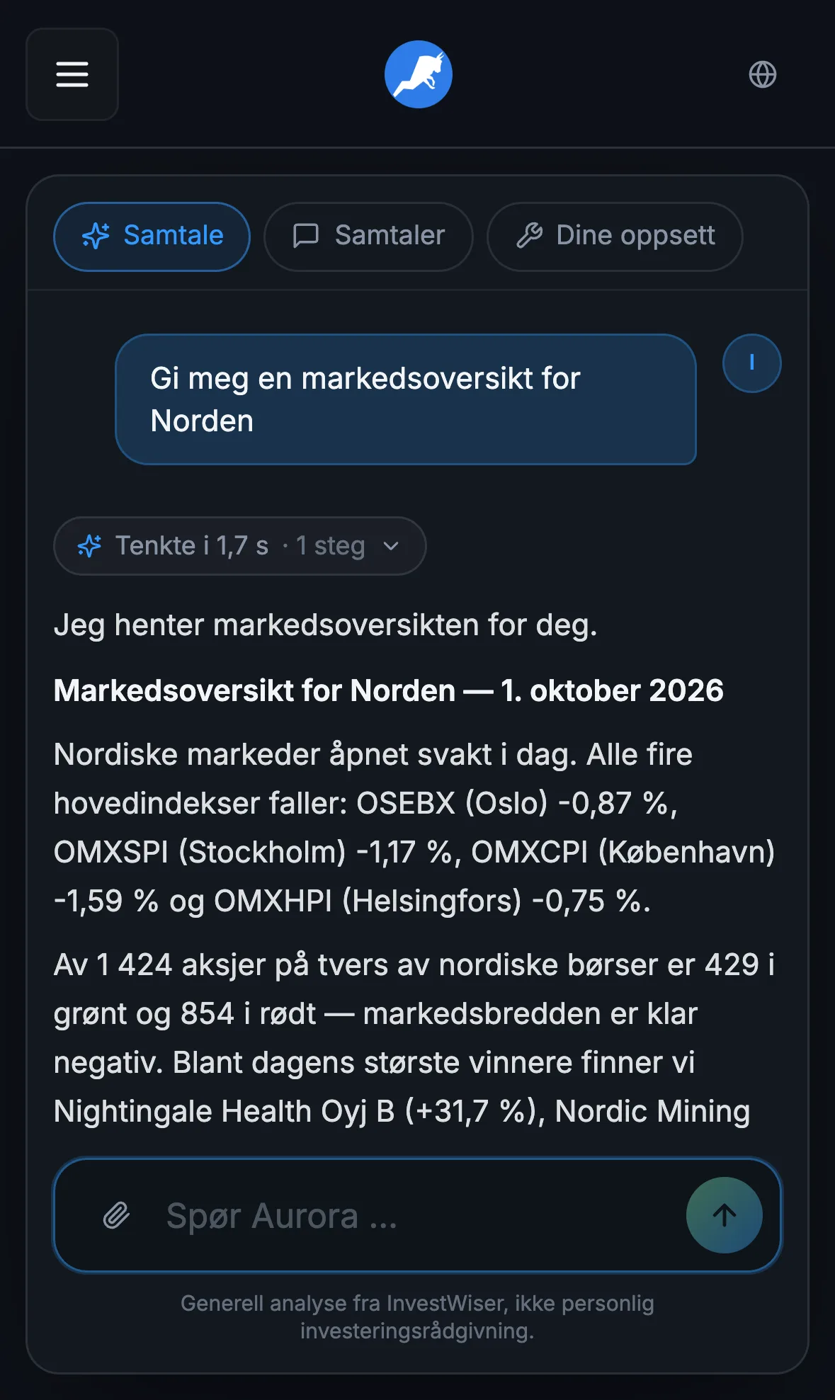 Aurora svarer med en markedsoversikt for Norden i InvestWiser